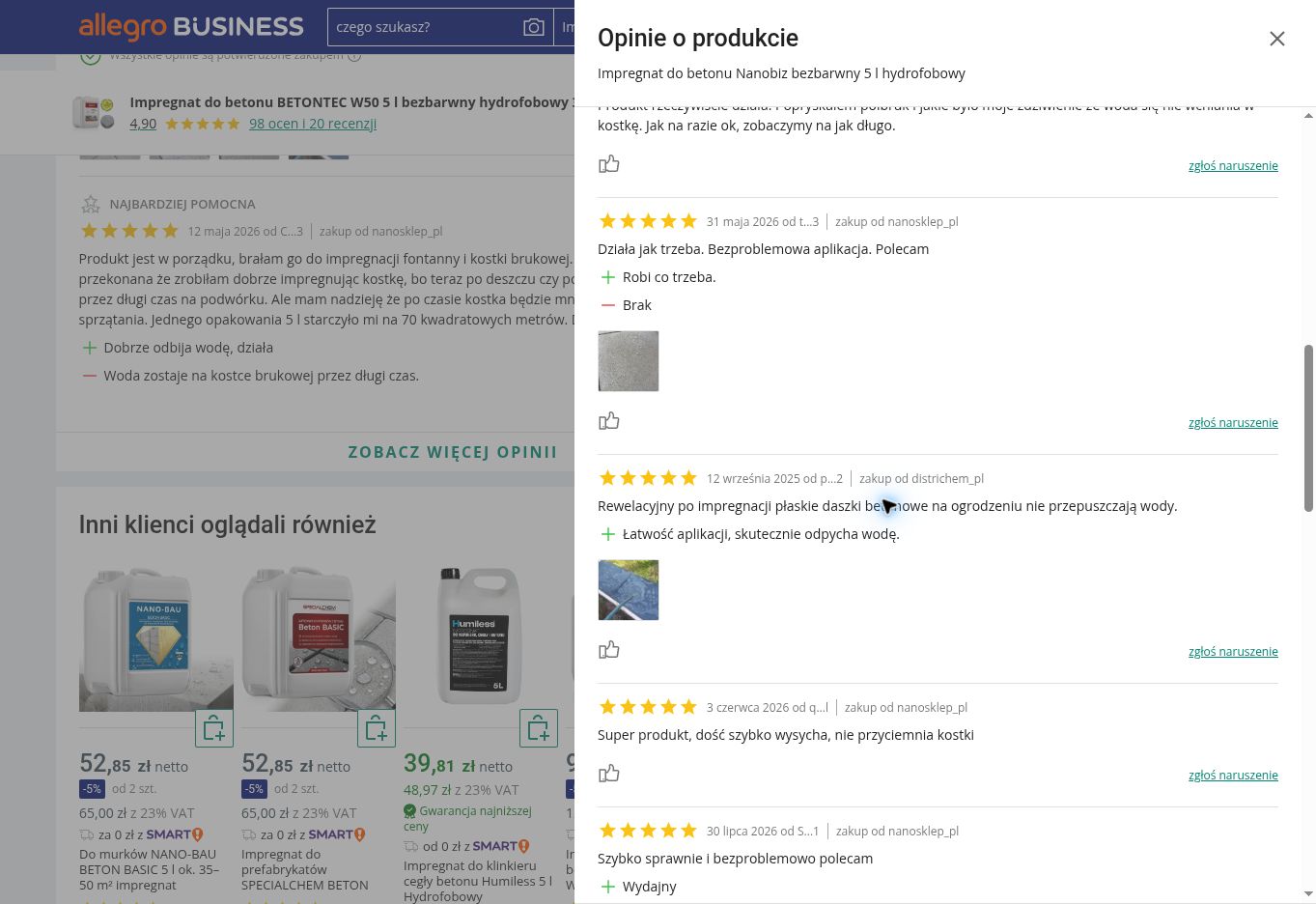 BETONTEC W50 hydrofobizacja betonu IMPREGNAT — 5 Litrów (karta Allegro opisana jako Nanobiz 5 l) — opinie o produkcie z Allegro