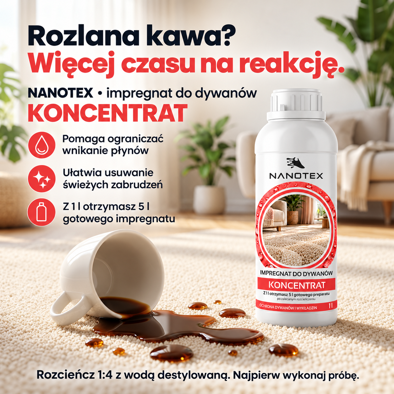 NANOTEX koncentrat – ochrona dywanu przed wnikaniem rozlanej kawy