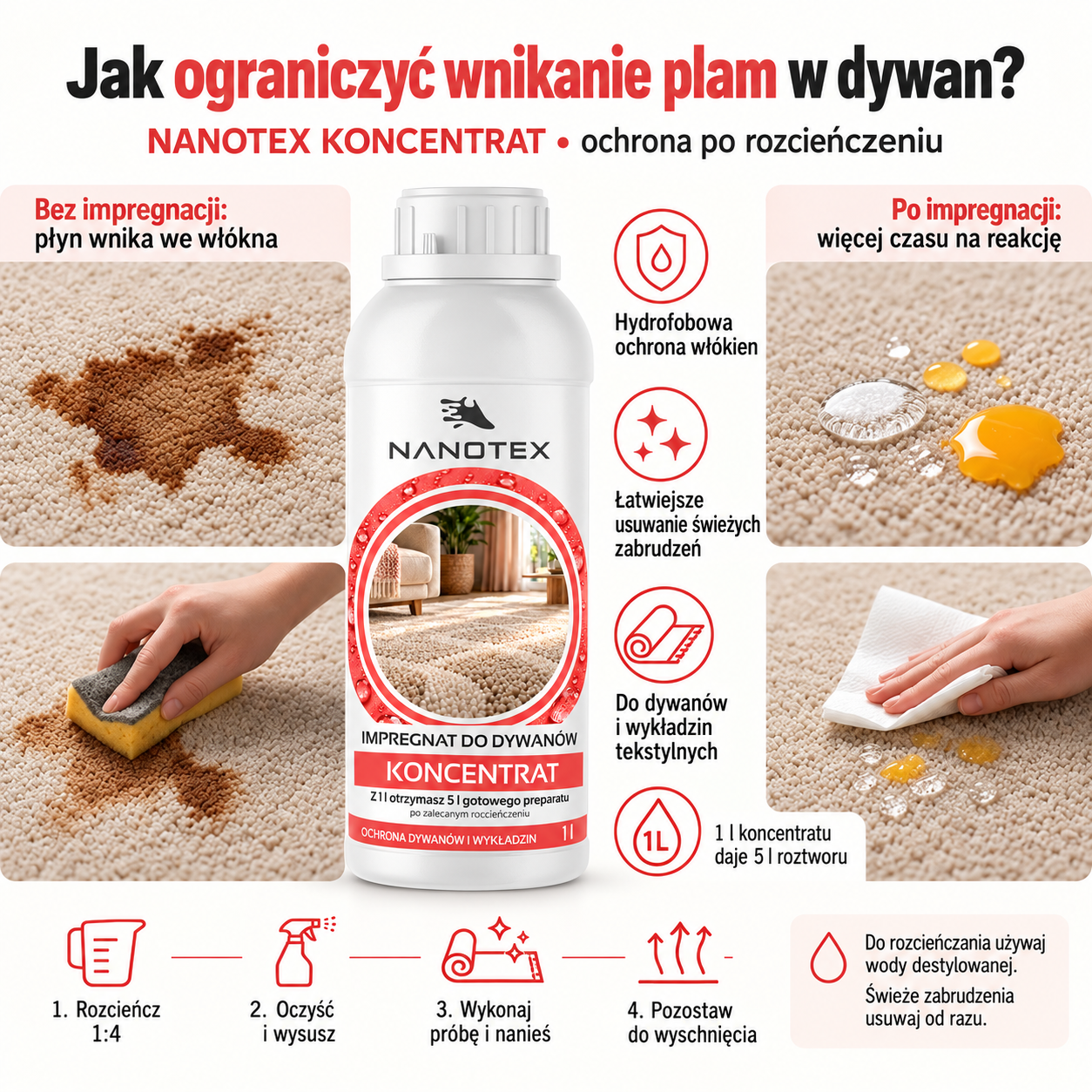 Dywan przed i po impregnacji roztworem NANOTEX koncentrat