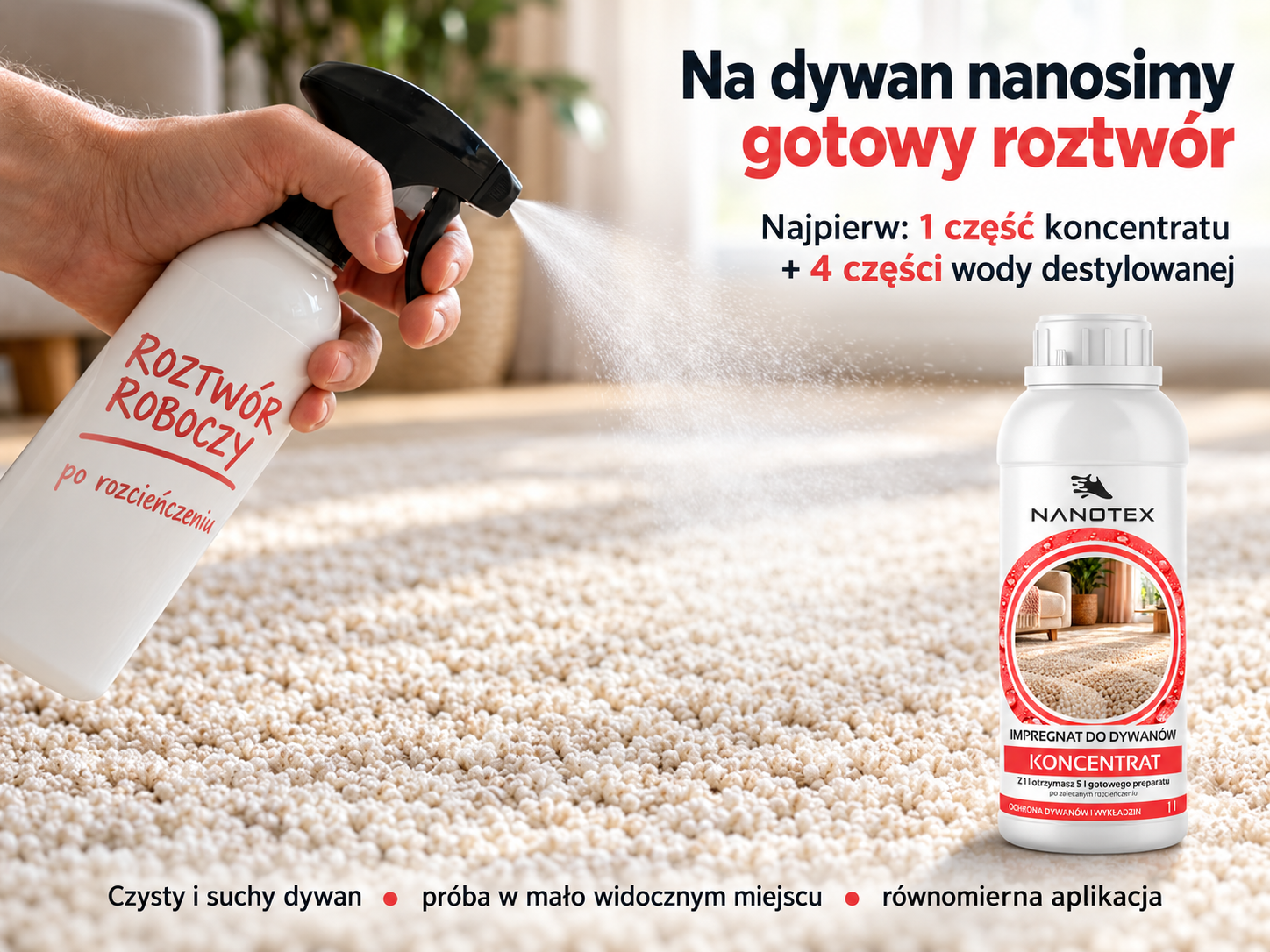 Aplikacja gotowego roztworu NANOTEX na dywan po rozcieńczeniu koncentratu