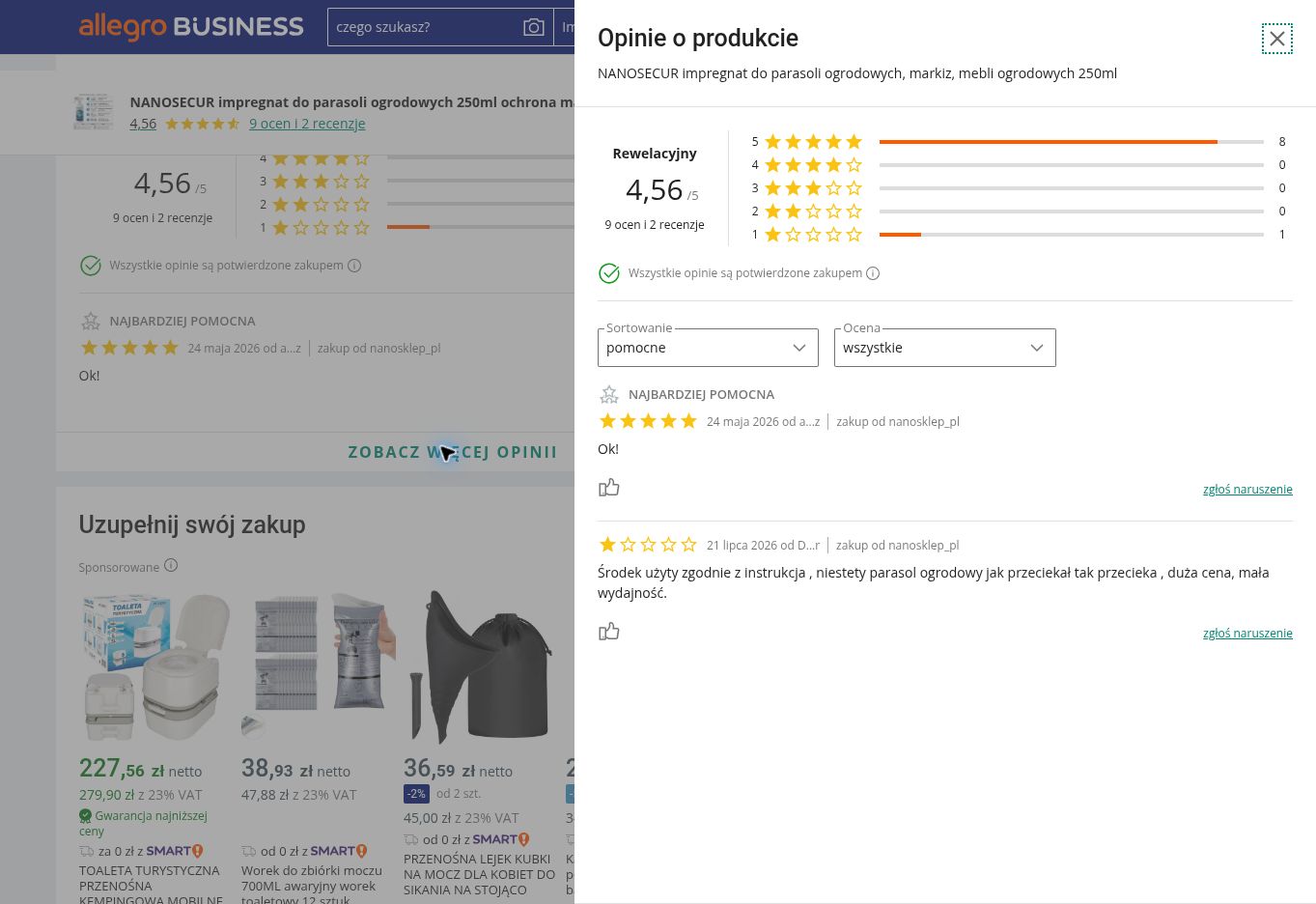 NANOSECUR impregnat do parasoli ogrodowych, markiz, tapicerowanych mebli ogrodowych — 250ml — opinie o produkcie z Allegro