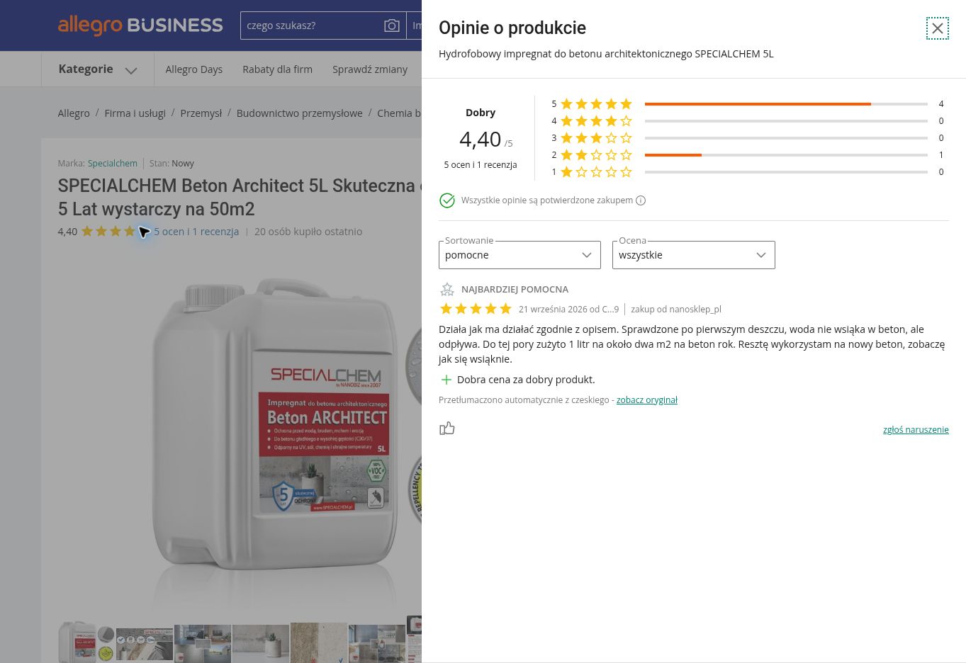 SPECIALCHEM Beton ARCHITECT - impregnat do betonu architektonicznego — 5L — opinie o produkcie z Allegro